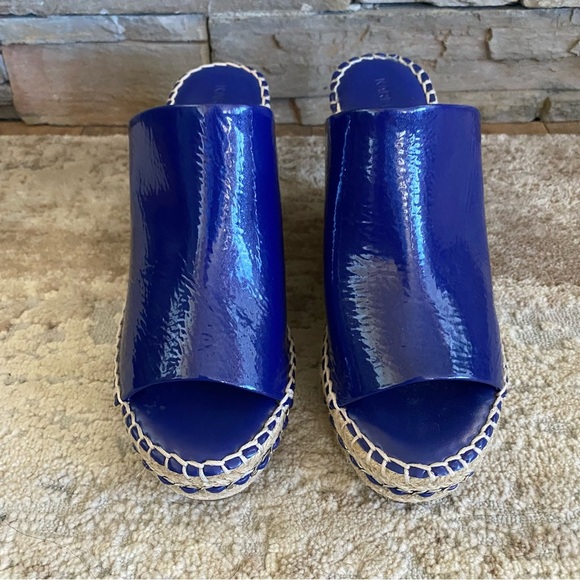 Karl Lagerfeld Carina Royal Blue Espadrille Wedge Sandals Heels Open Toe Leather - Picture 2 of 12